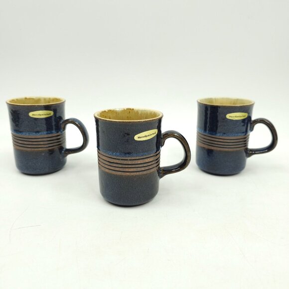 Otagiri Mugs Lot of 3 Blue Brown 9 oz Handpainted Hand Crafted Stoneware Stripe - Picture 12 of 14